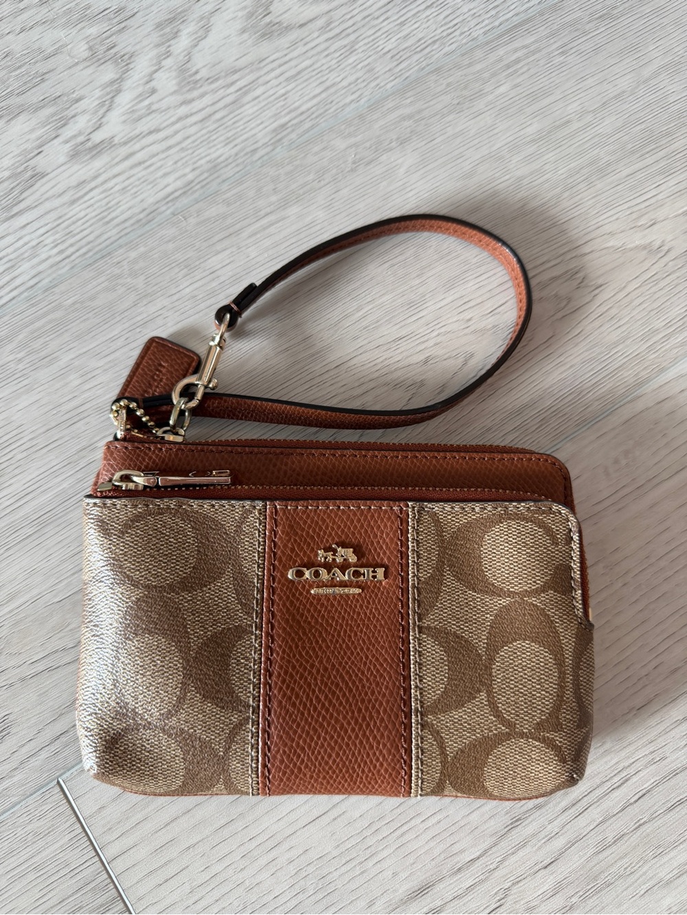 Coach Tan and Brown Signature Wristlet
